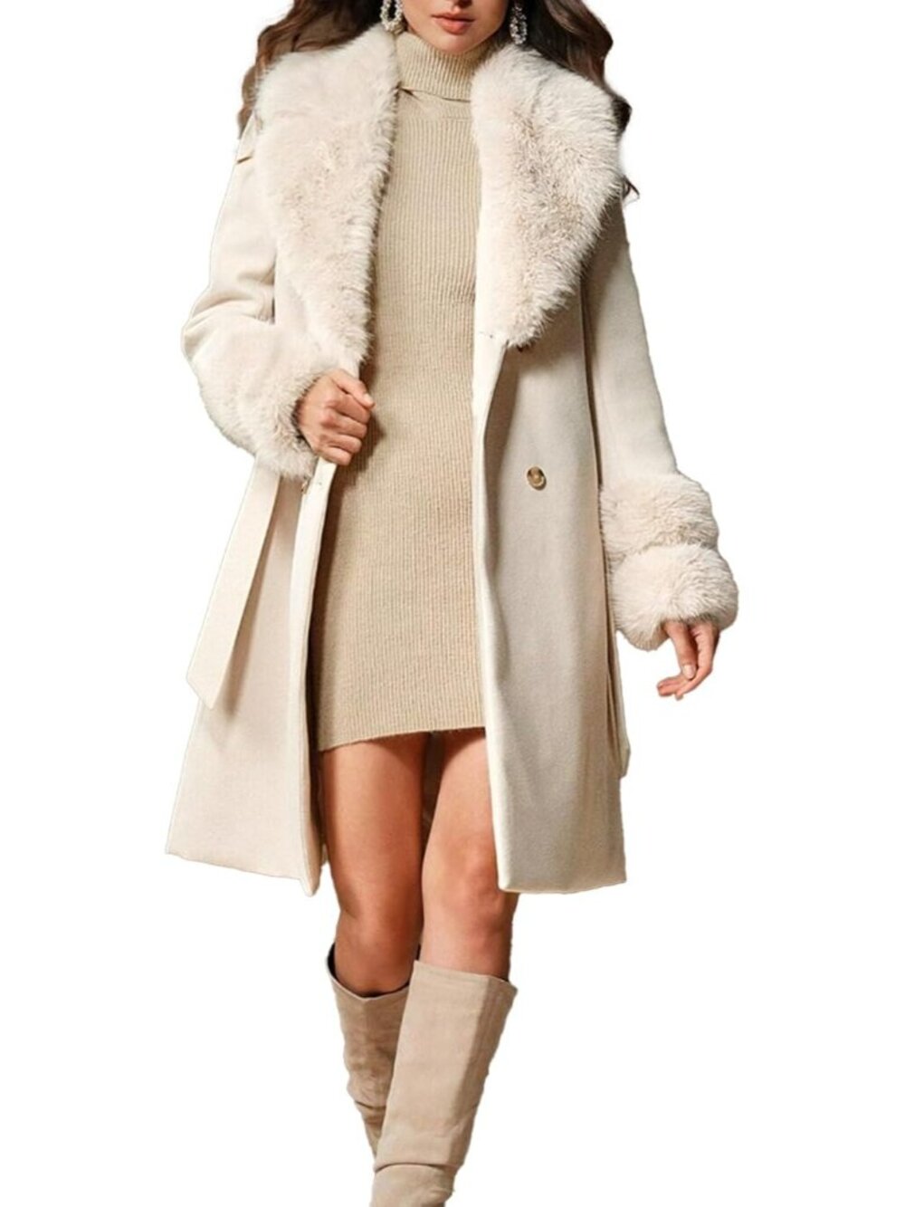 Women's Beige Faux Fur Collar Double Breasted Winter Wool‑Blend Coat Outerwear